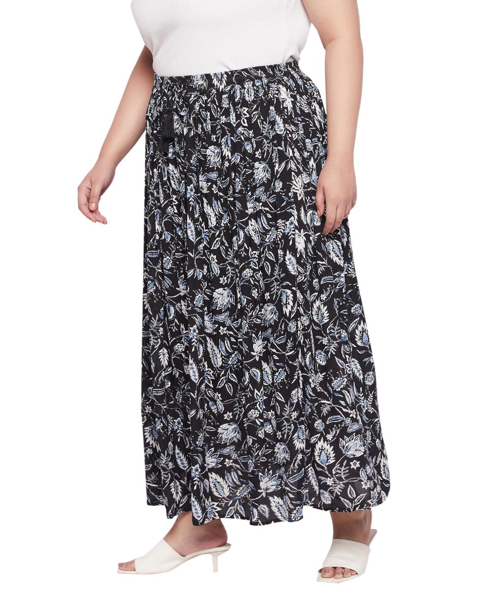 Floral Printed Black And White Rayon Beach Long Skirt For Women