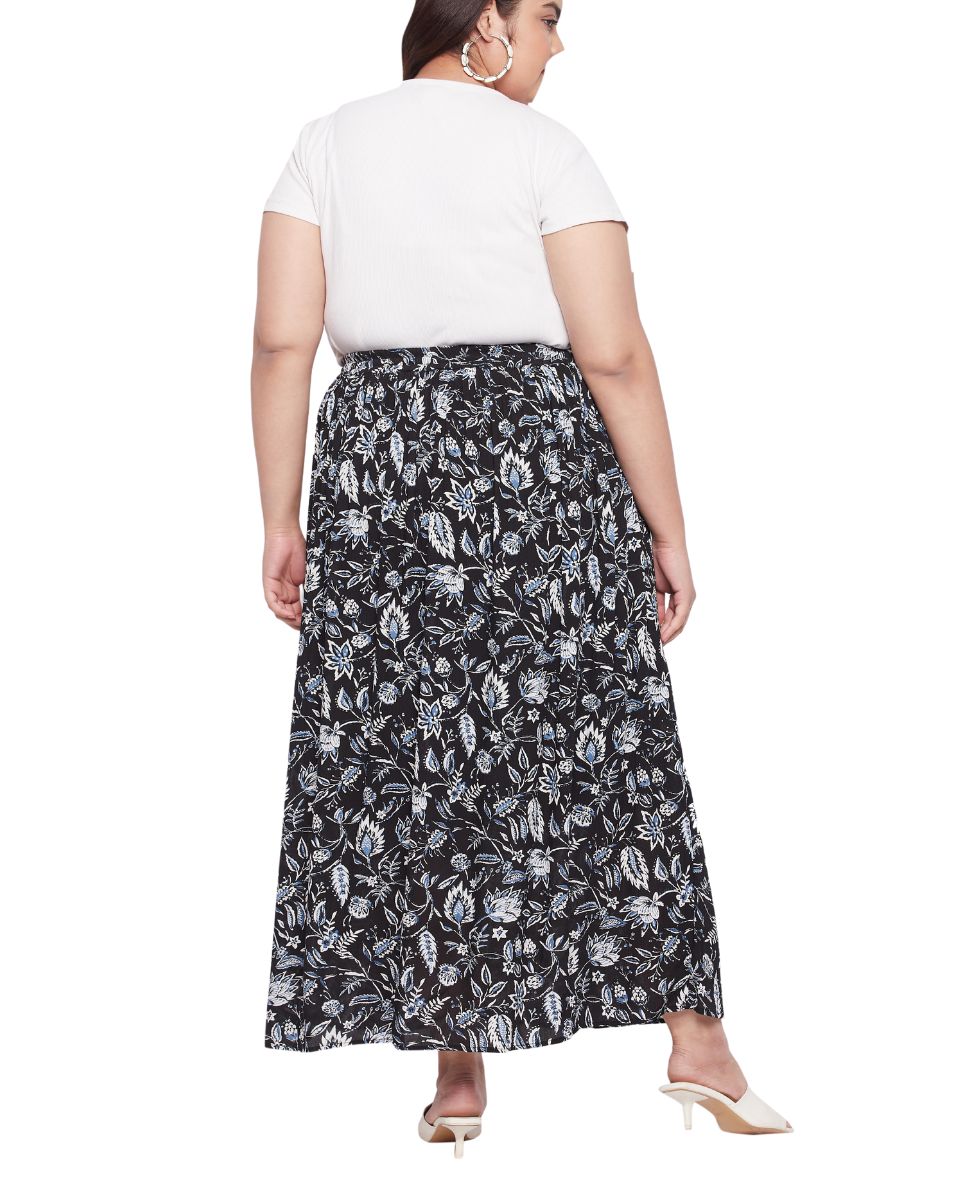 Floral Printed Black And White Rayon Beach Long Skirt For Women