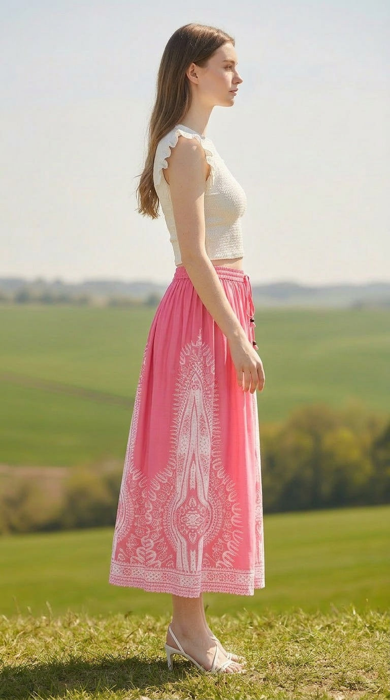 Light Pink Flowy Rayon Women Casual Summer Midi Skirt