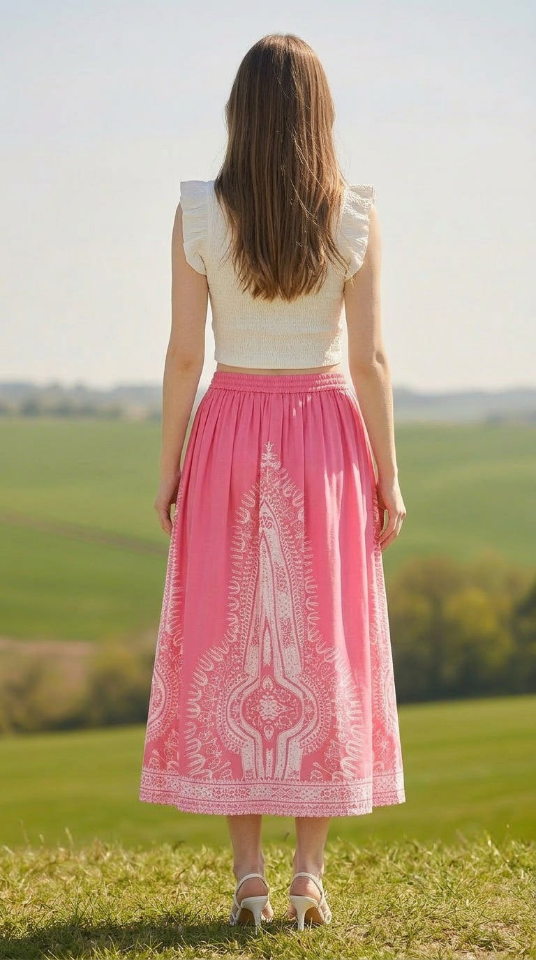 Light Pink Flowy Rayon Women Casual Summer Midi Skirt