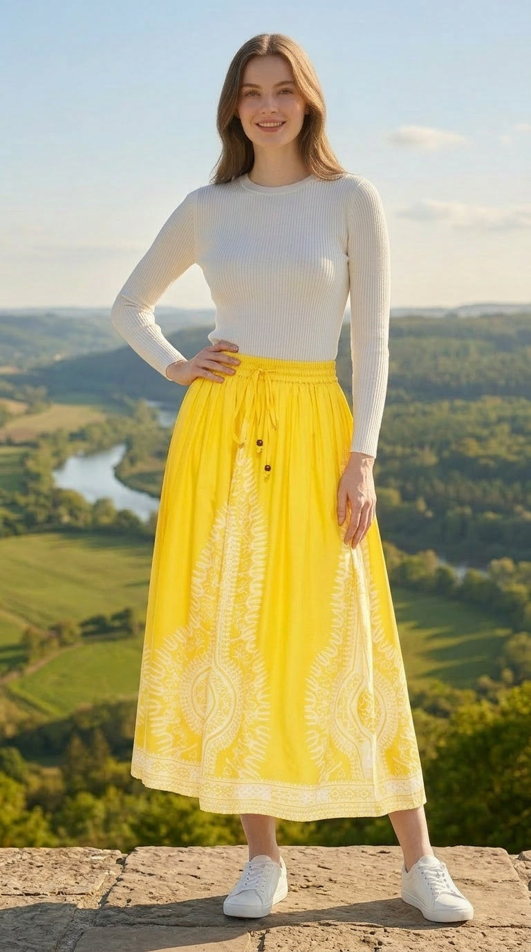 Yellow Flowy Rayon Women Casual Summer Midi Skirt