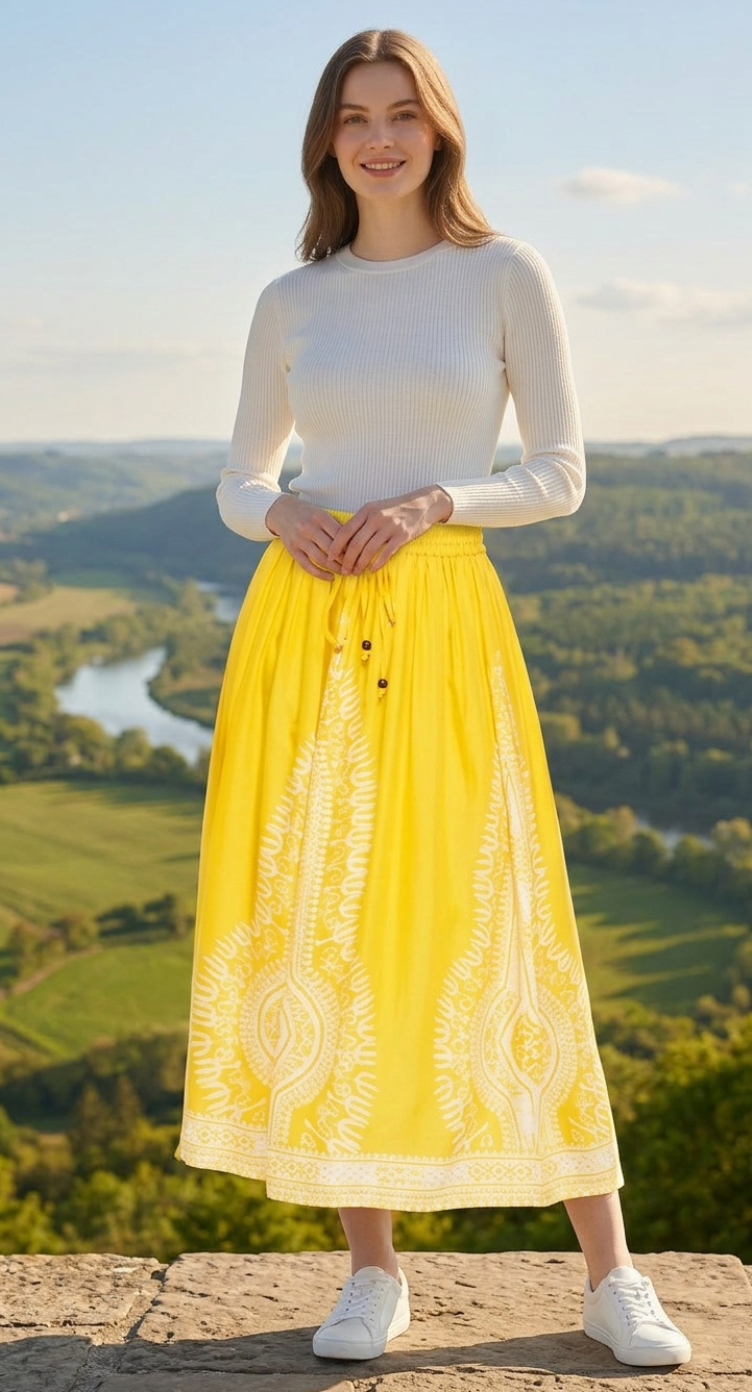 Yellow Flowy Rayon Women Casual Summer Midi Skirt
