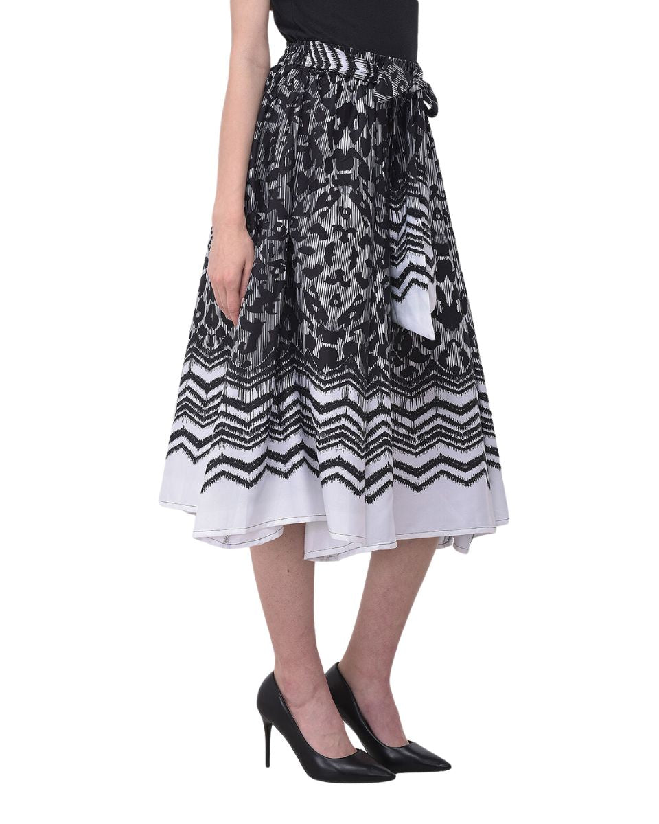 Black Polyester Leopard Midi Skirt With Belt For Women
