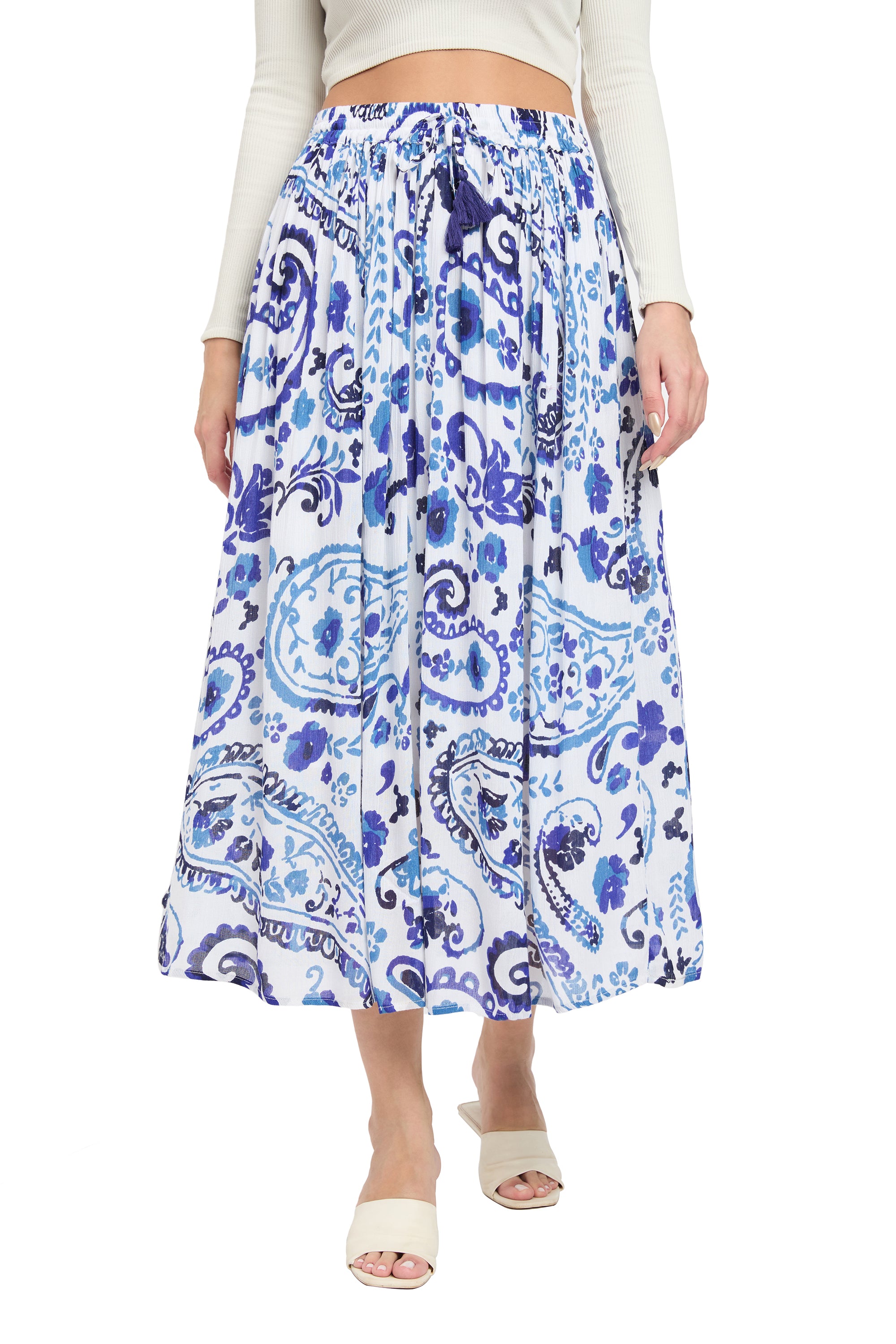 Blue And White Paisley Print Rayon Long Skirt For Women