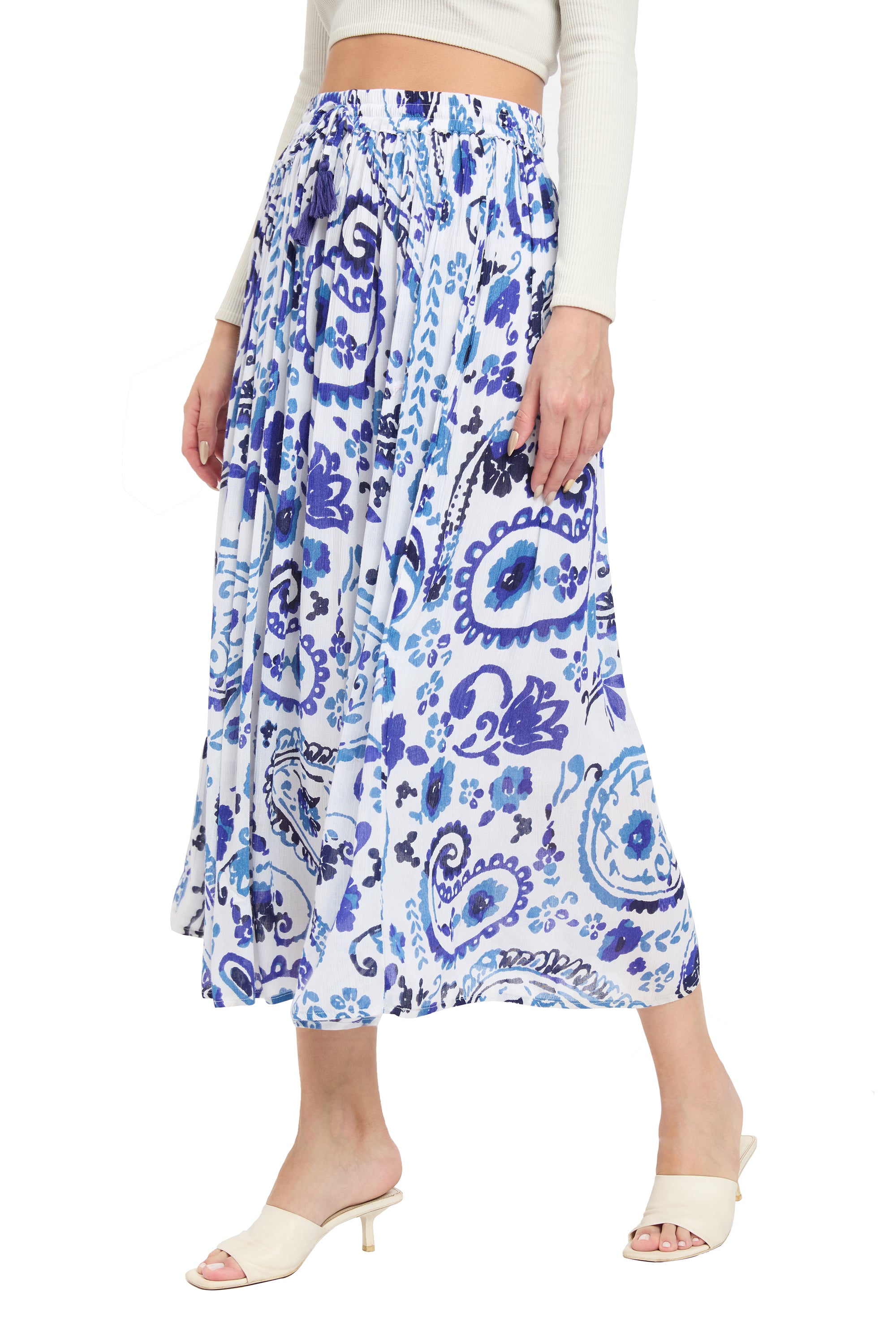 Blue And White Paisley Print Rayon Long Skirt For Women
