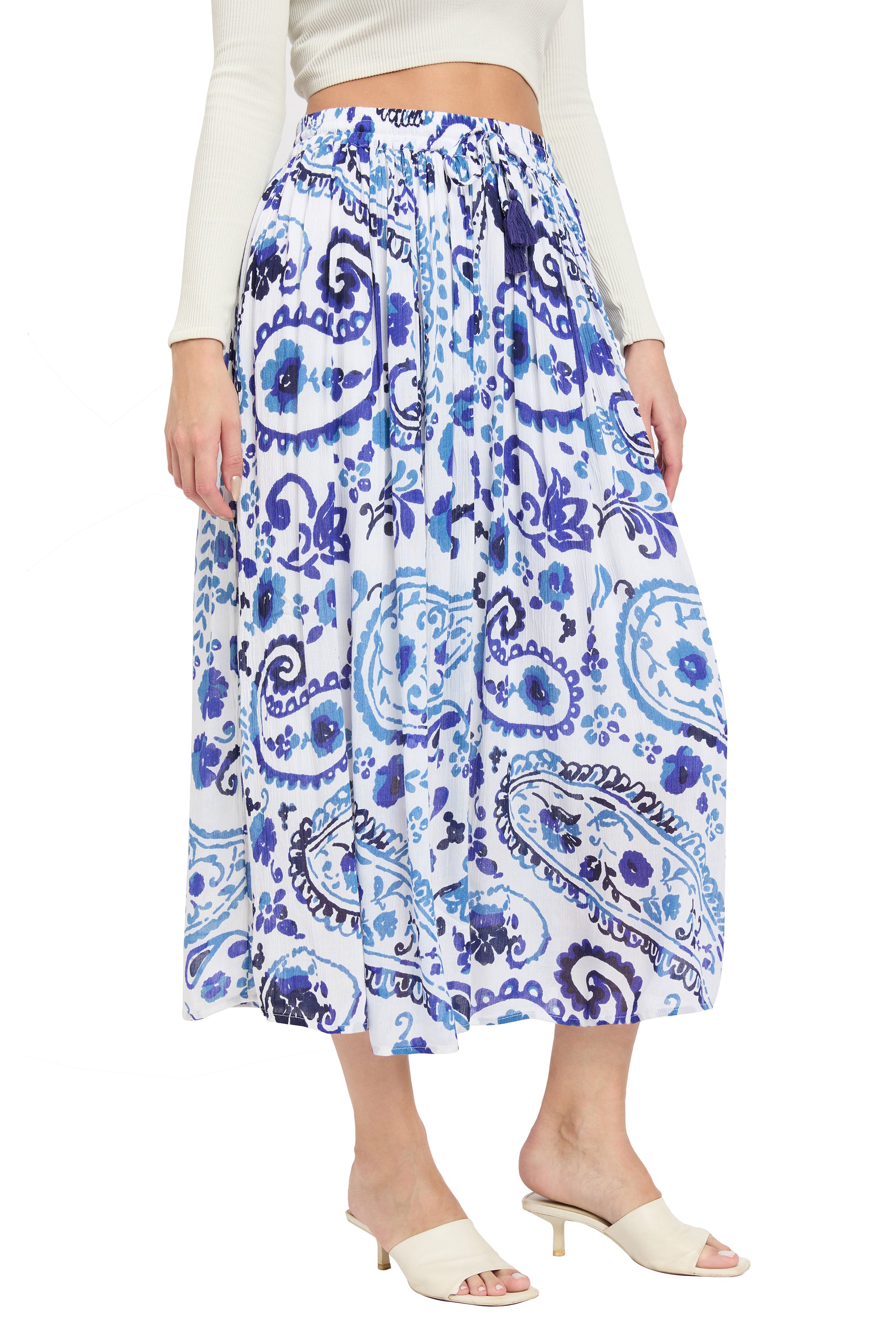 Blue And White Paisley Print Rayon Long Skirt For Women