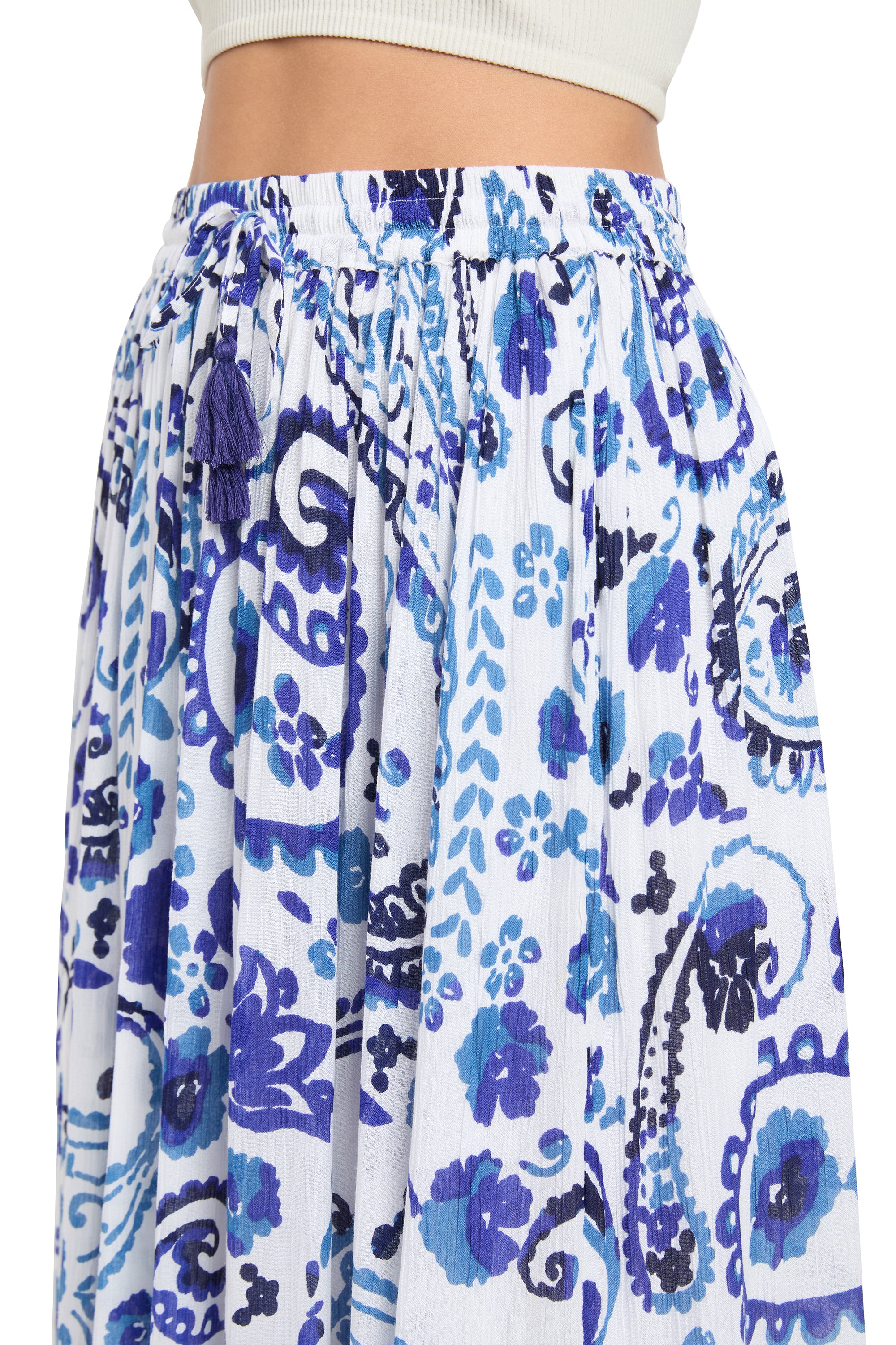 Blue And White Paisley Print Rayon Long Skirt For Women