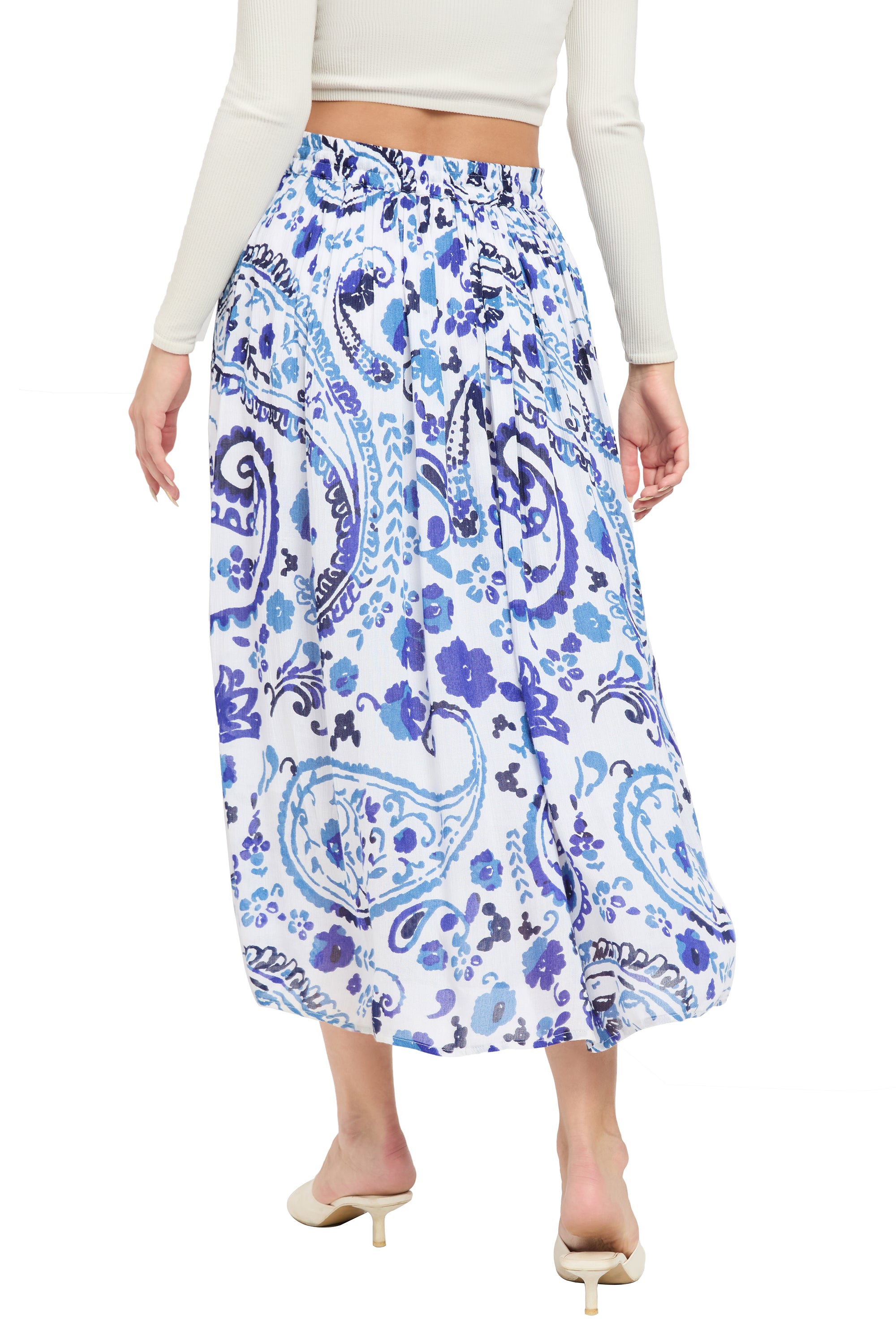 Blue And White Paisley Print Rayon Long Skirt For Women