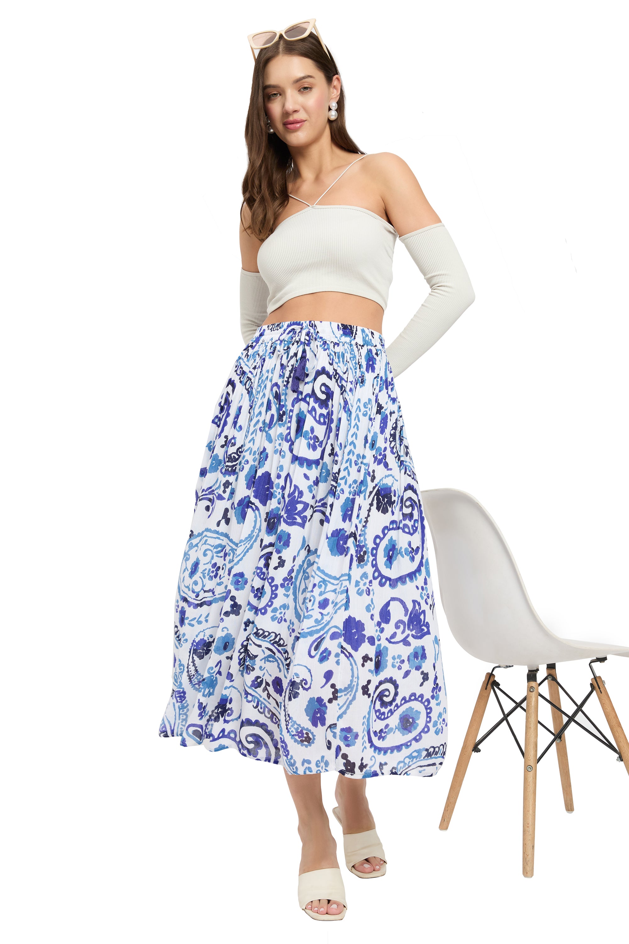 Blue And White Paisley Print Rayon Long Skirt For Women