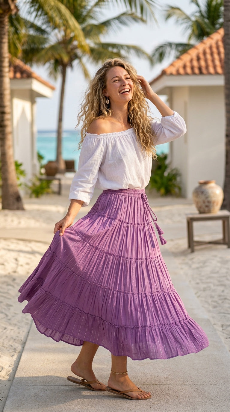 Purple Lurex Rayon Boho Maxi Skirt for Women | Flowy Tiered Skirt