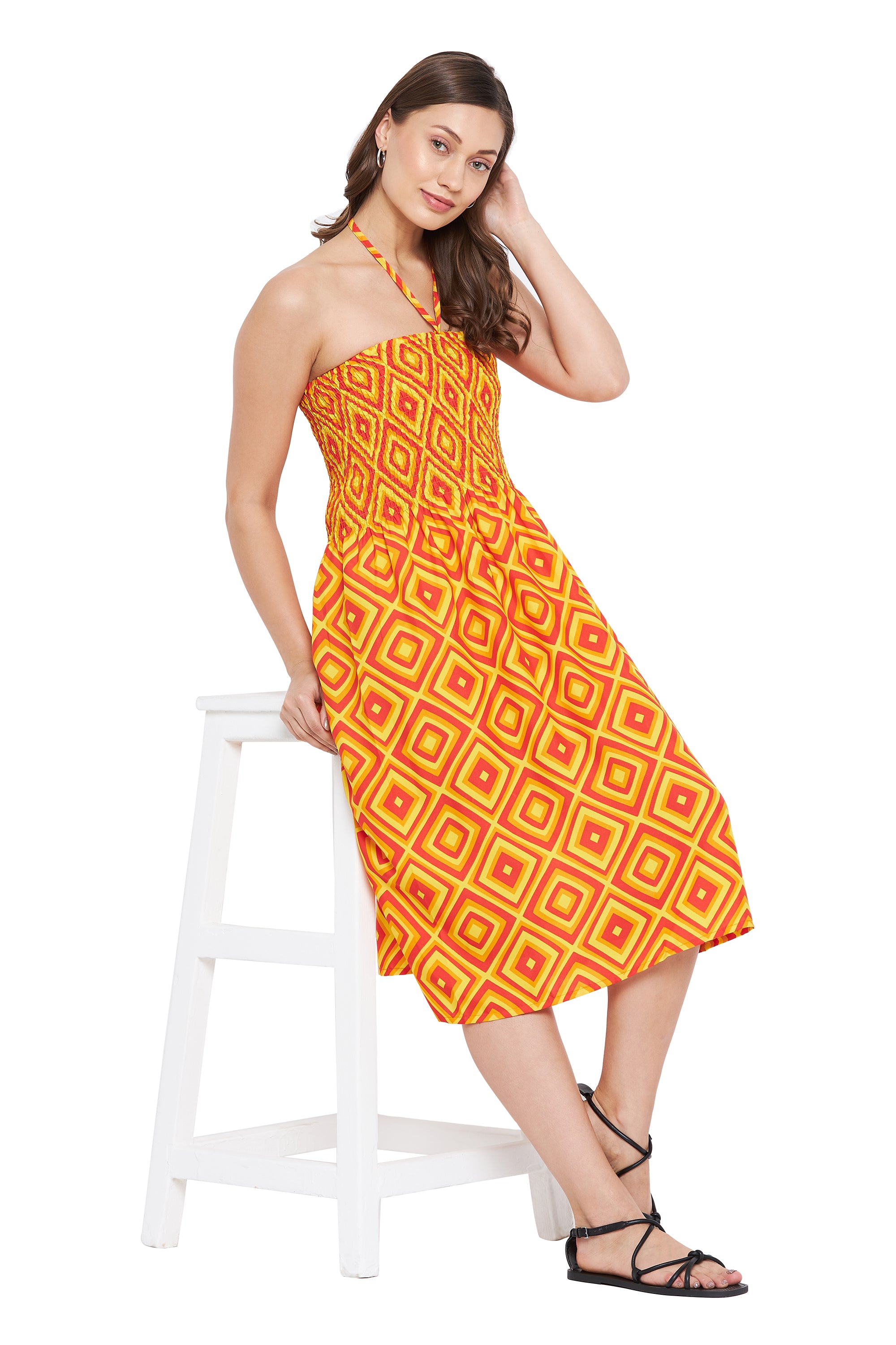 Yellow Polyester Knee Length Casual Dress For Women