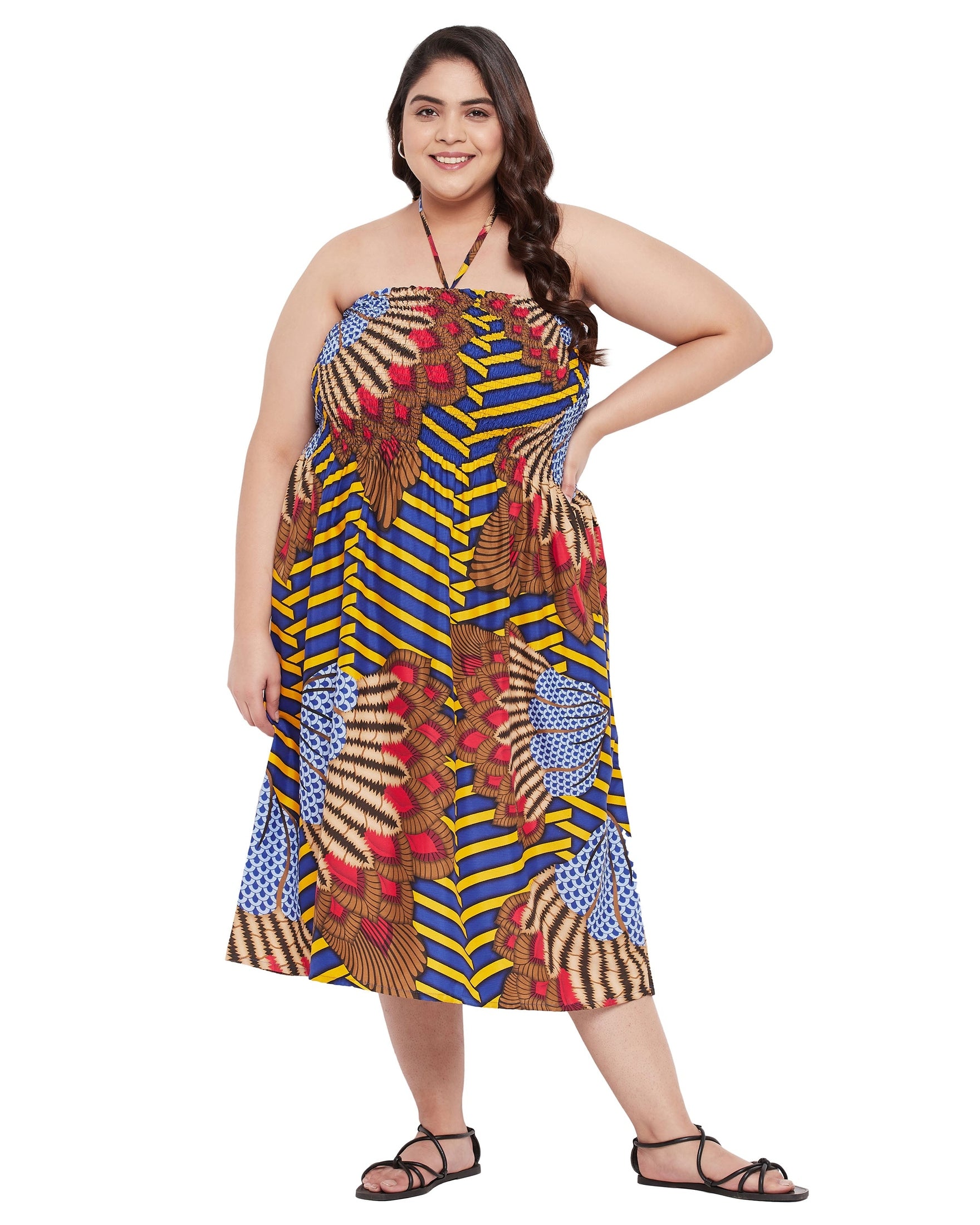 Floral Blue Polyester Women Halter Neck Dress For Evening