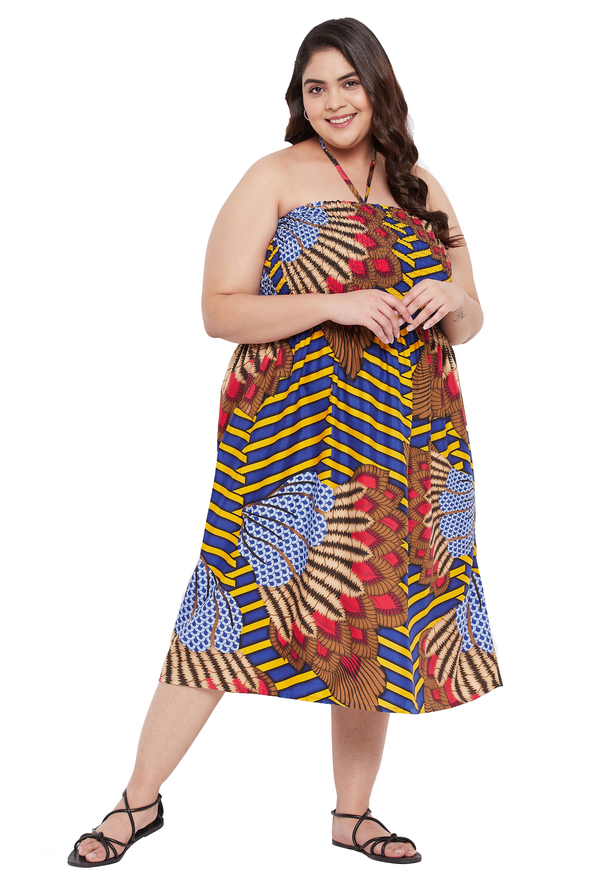 Floral Blue Polyester Women Halter Neck Dress For Evening