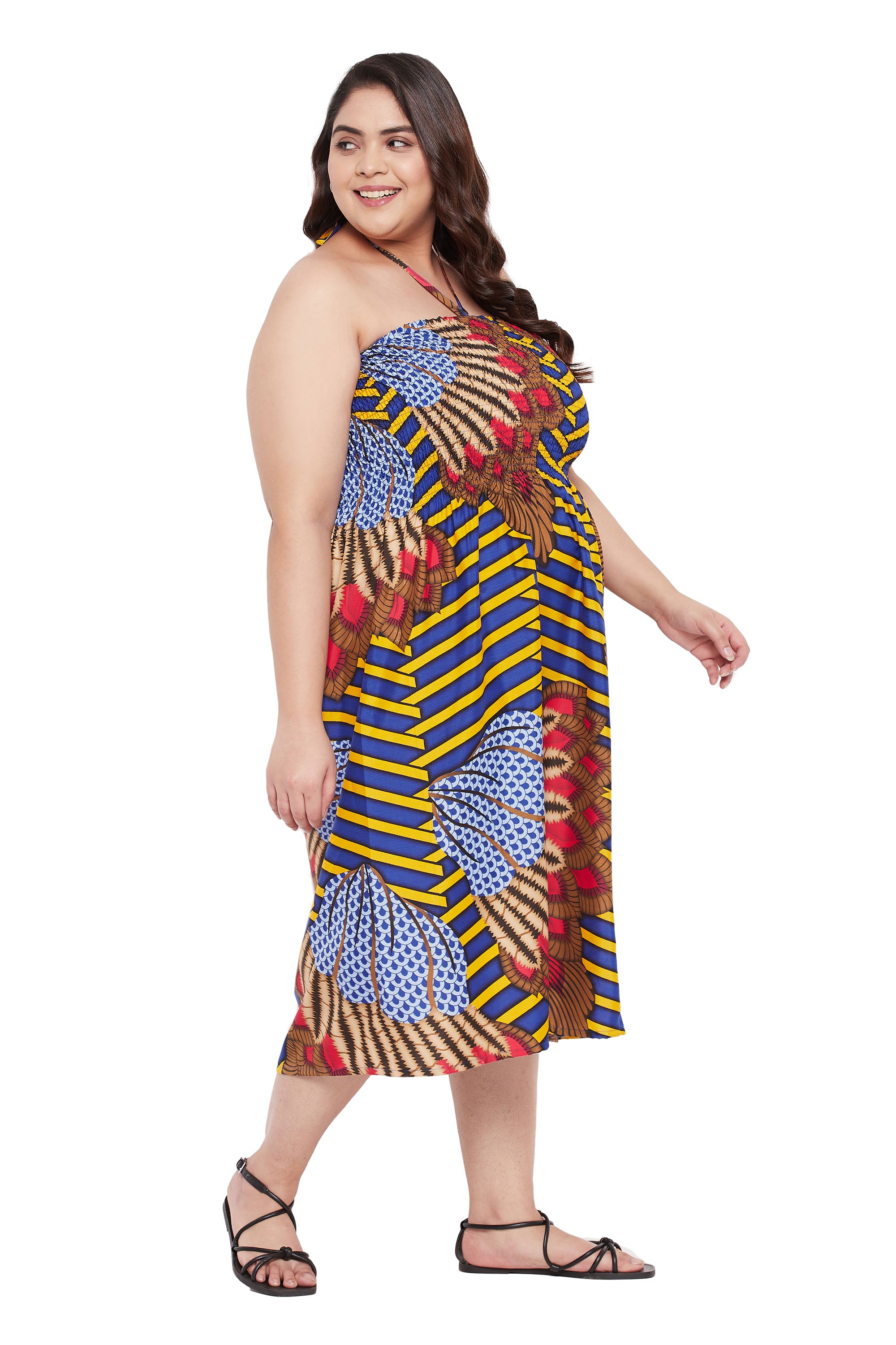 Floral Blue Polyester Women Halter Neck Dress For Evening