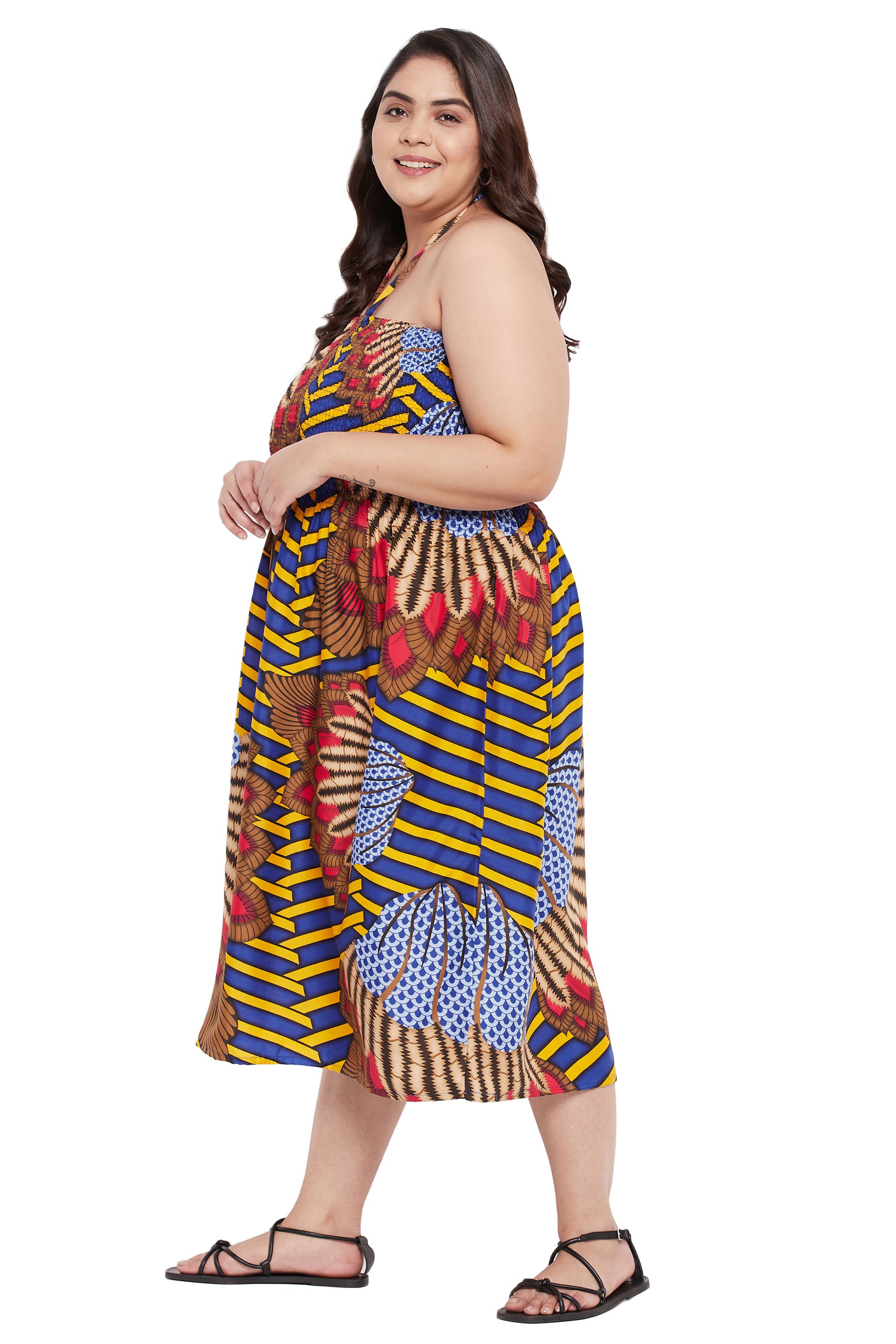Floral Blue Polyester Women Halter Neck Dress For Evening