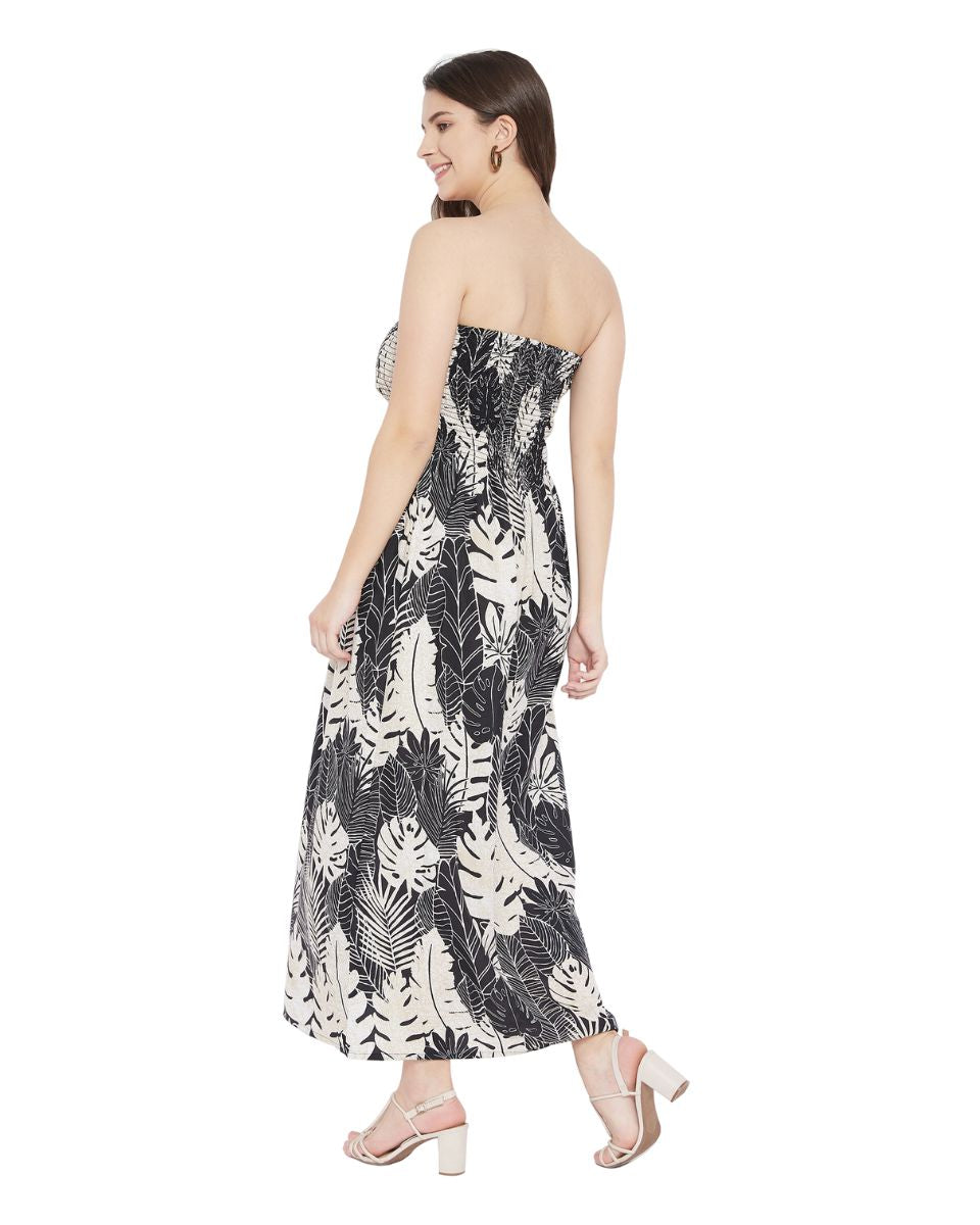 Leaf Printed Black Polyester Resort Wear Tube Dress For Women