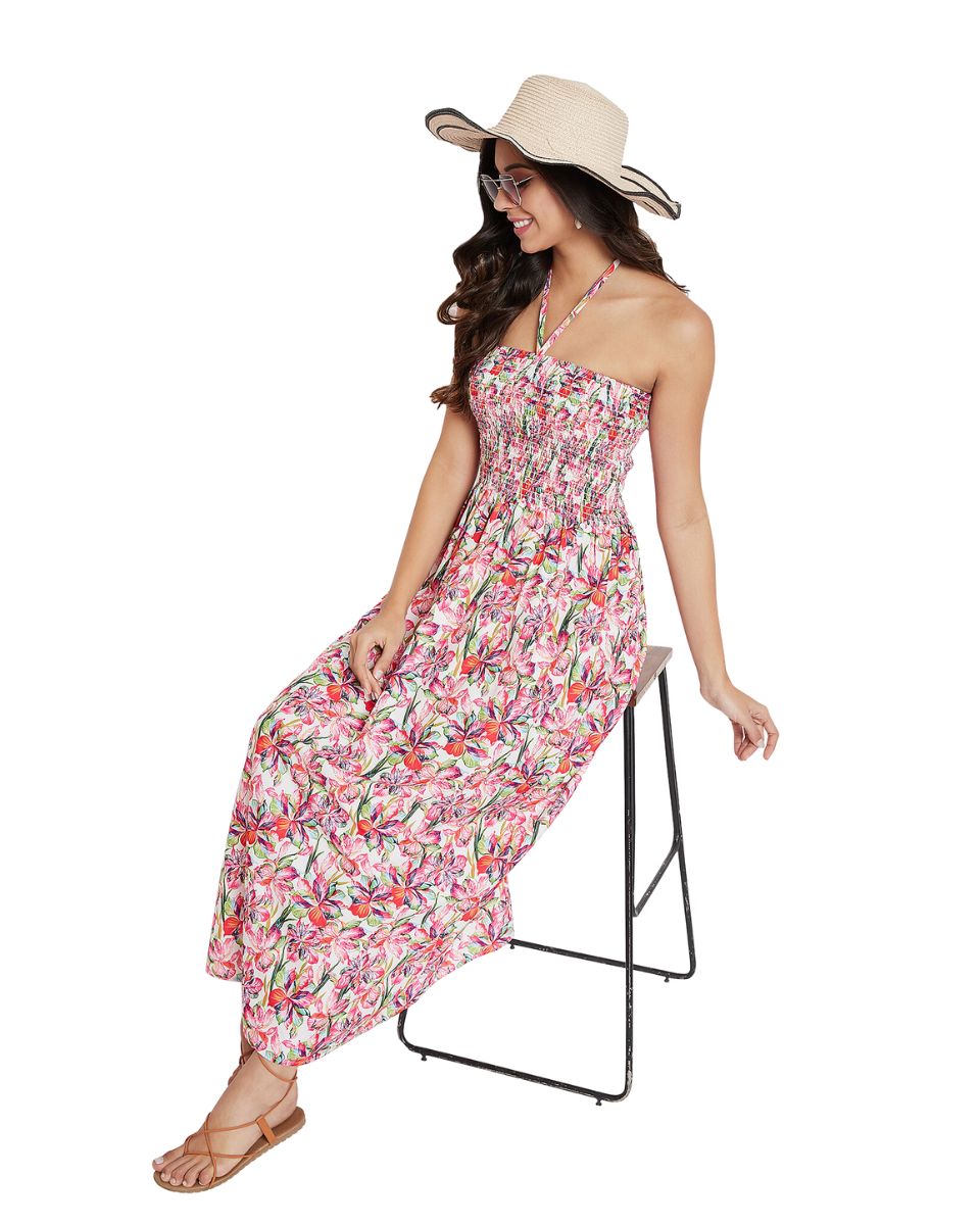 Pink Floral Plus Size Long Tube Dress For Women