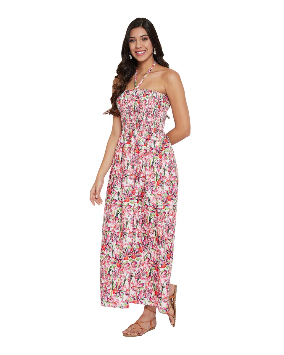Pink Floral Plus Size Long Tube Dress For Women