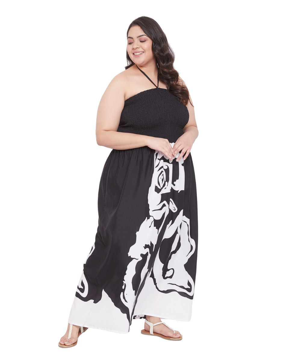 Black Floral Pattern Polyester Halter Neck Tube Dress For Women