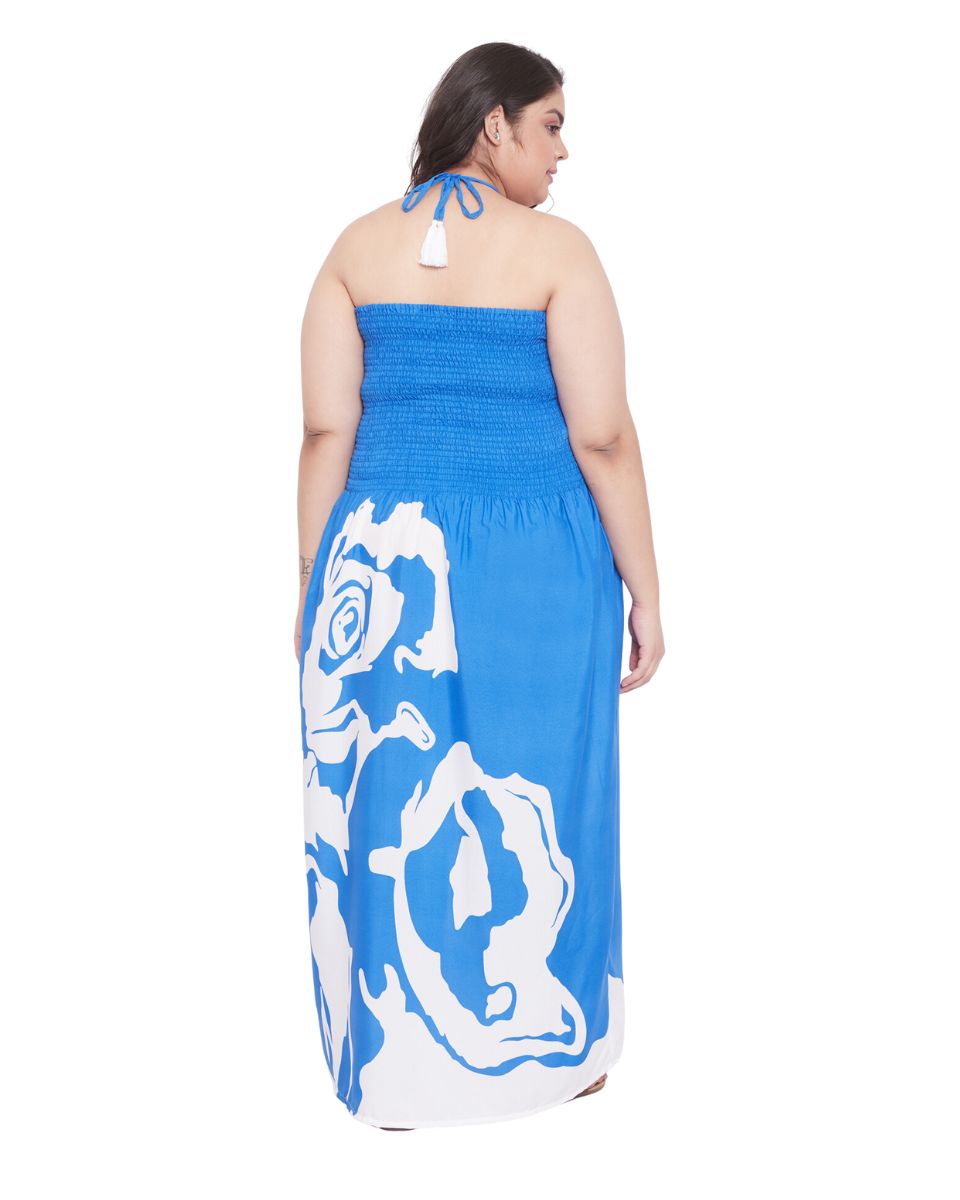 Blue Floral Pattern Polyester Drawstring Maxi Tube Dress For Women