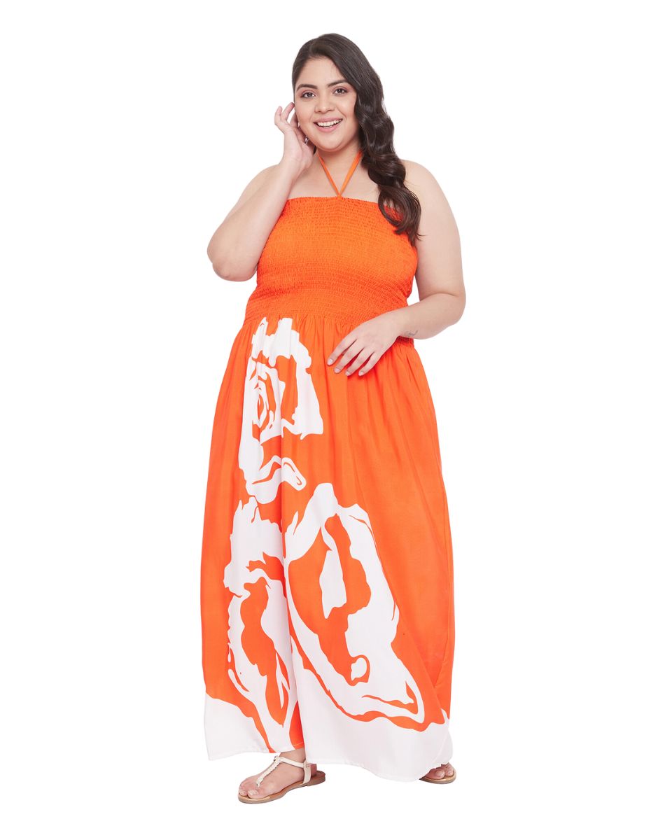 Orange Polyester Floral Beach Tube Dress For Women