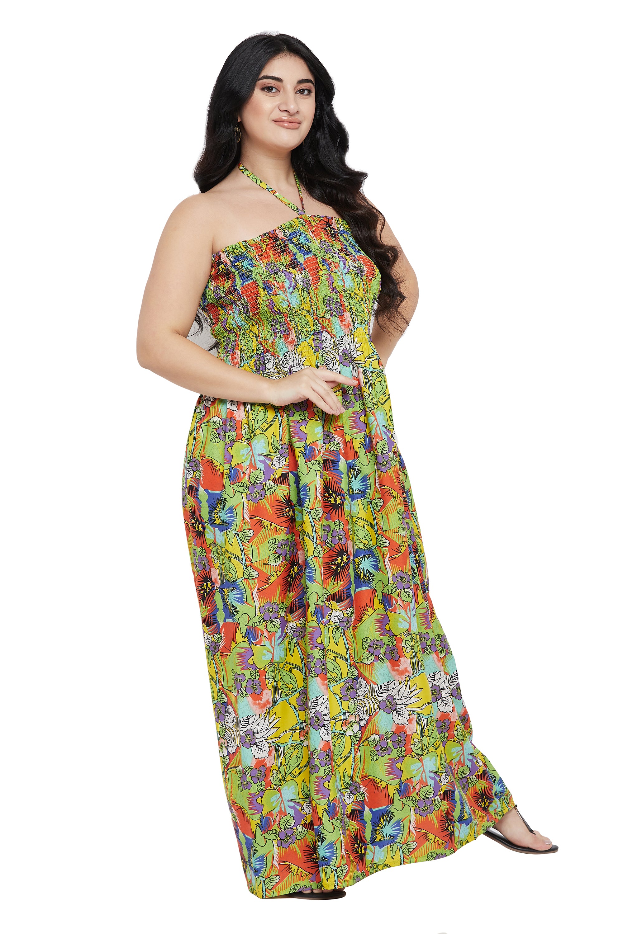 Gypsie Blu Polyester Floral Plus Size Halter Neck Dress for Women