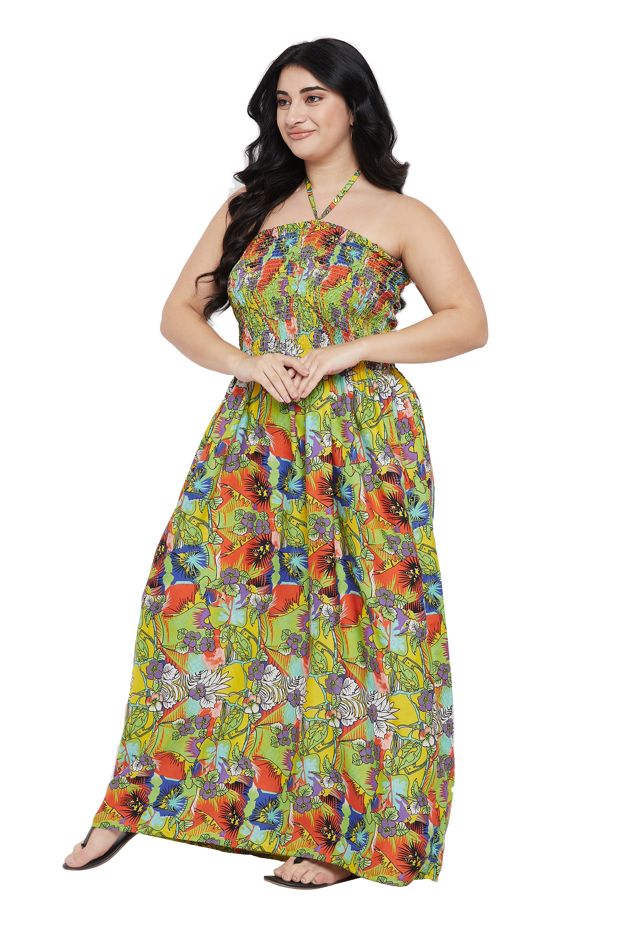 Gypsie Blu Polyester Floral Plus Size Halter Neck Dress for Women