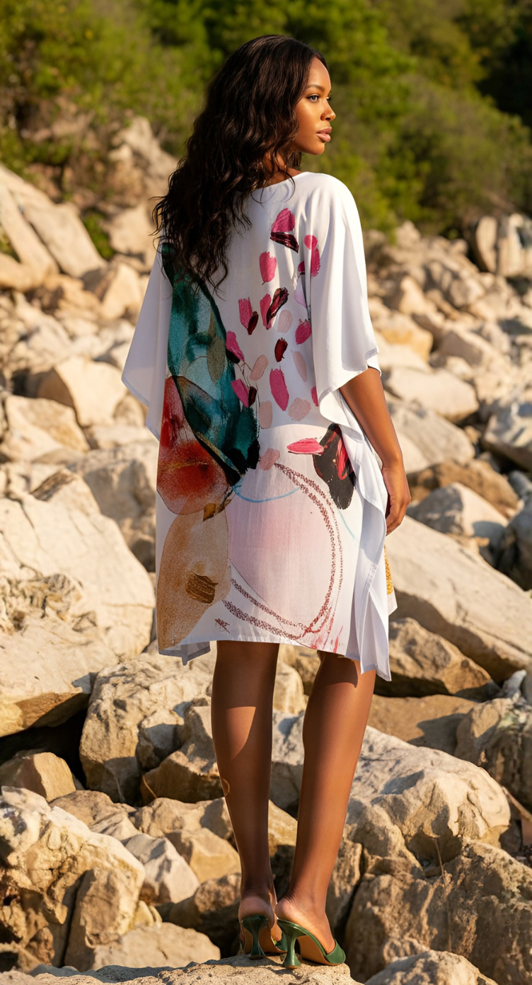 Abstract Floral & Leaf Cotton Silk Short Kaftan dress for women