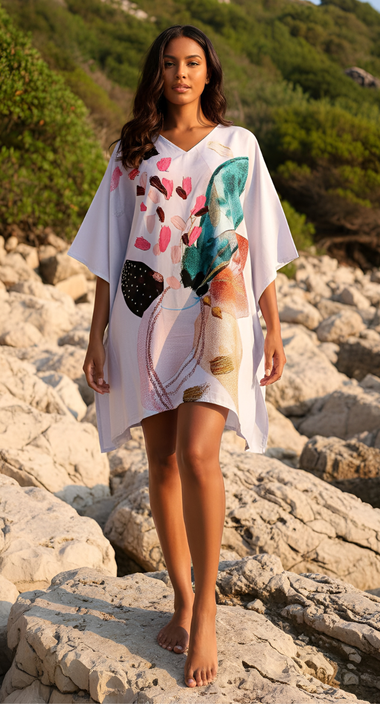 Abstract Floral & Leaf Cotton Silk Short Kaftan dress for women