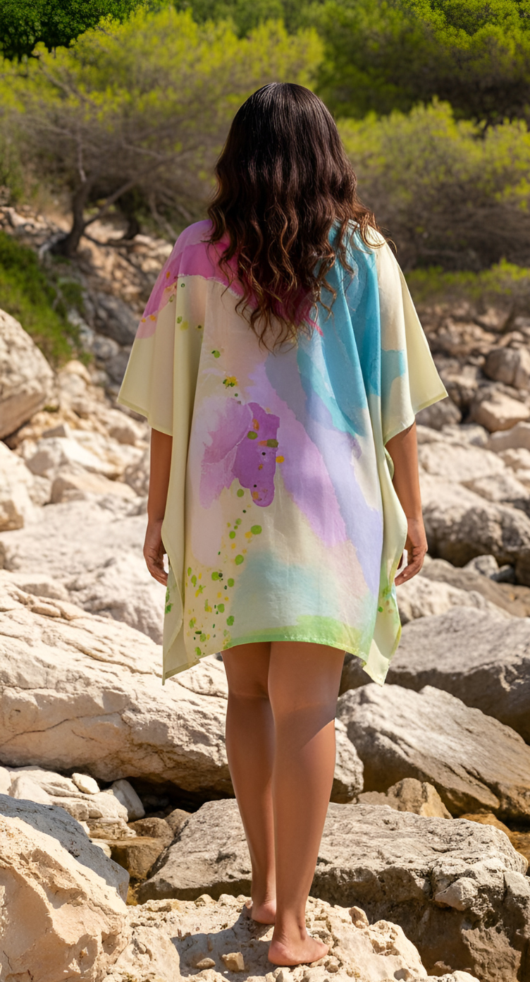 Multi Watercolor Print Cotton Silk Short Kaftan dress for women