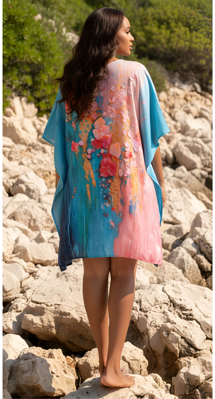 Floral Turquoise Blue Cotton Silk Women Plus Size Short Kaftan Tunic