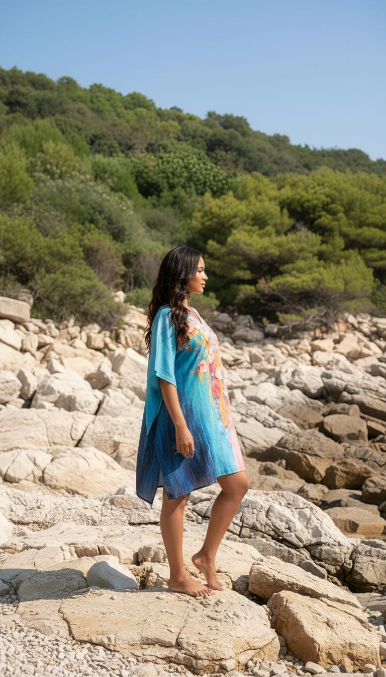 Floral Turquoise Blue Cotton Silk Women Plus Size Short Kaftan Tunic