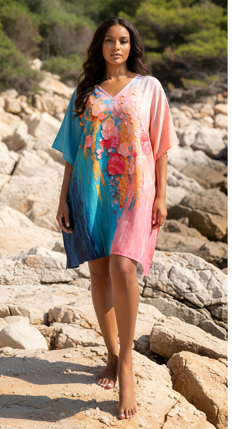 Floral Turquoise Blue Cotton Silk Women Plus Size Short Kaftan Tunic