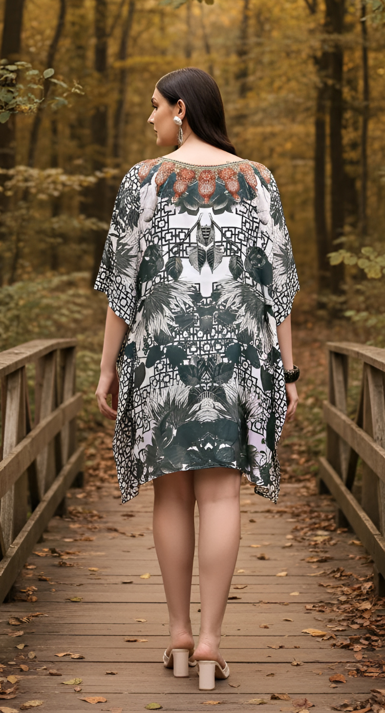 Leaf Print Green Feather Silk Women Plus Size Short Kaftan