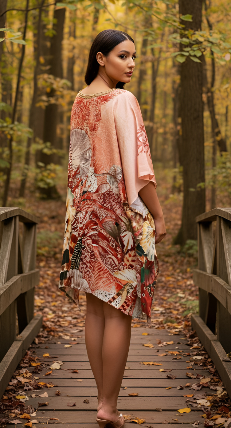 Floral Peach Feather Silk Plus Size Short Kaftan Tunic
