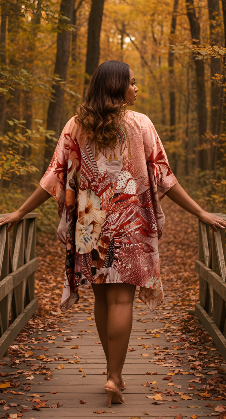 Floral Peach Feather Silk Plus Size Short Kaftan Tunic