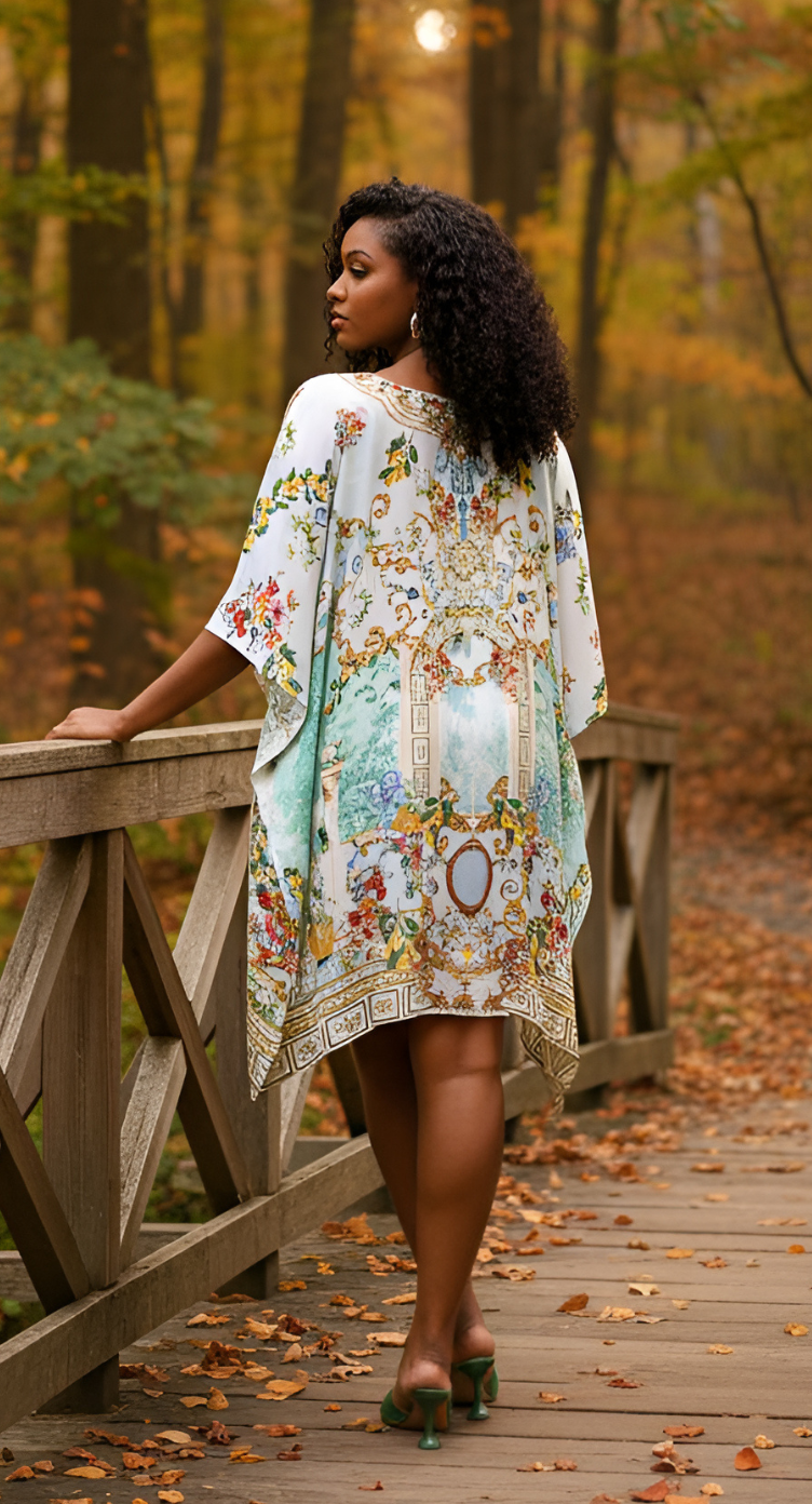 Baroque Pastel Blue Feather Silk Plus Size Tunic Top For Women
