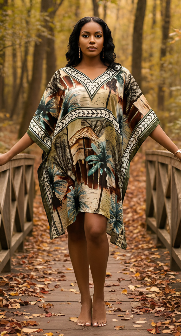 Tropical Multicolor Feather Silk Women Plus Size Short Kaftan