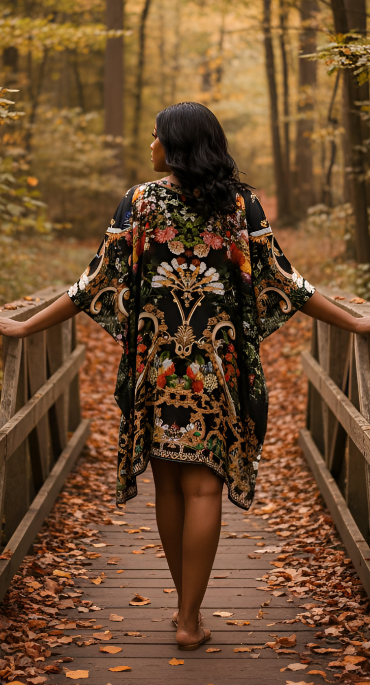 Floral Black Feather Silk Women Plus Size Short Beach Kaftan