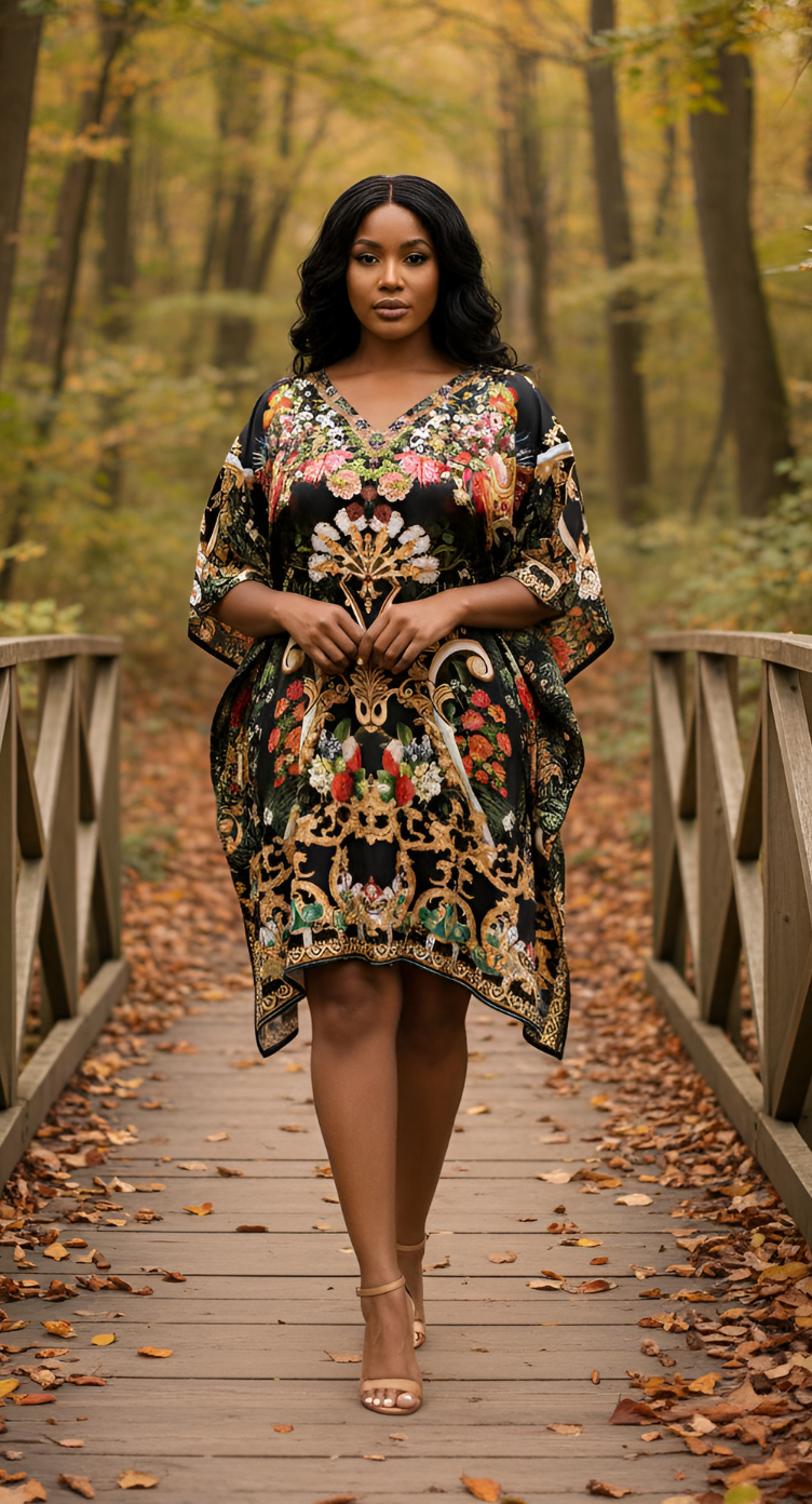 Floral Black Feather Silk Women Plus Size Short Beach Kaftan