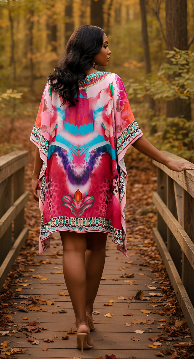Floral Pink Feather Silk Women Short Kaftan Beach Cover up