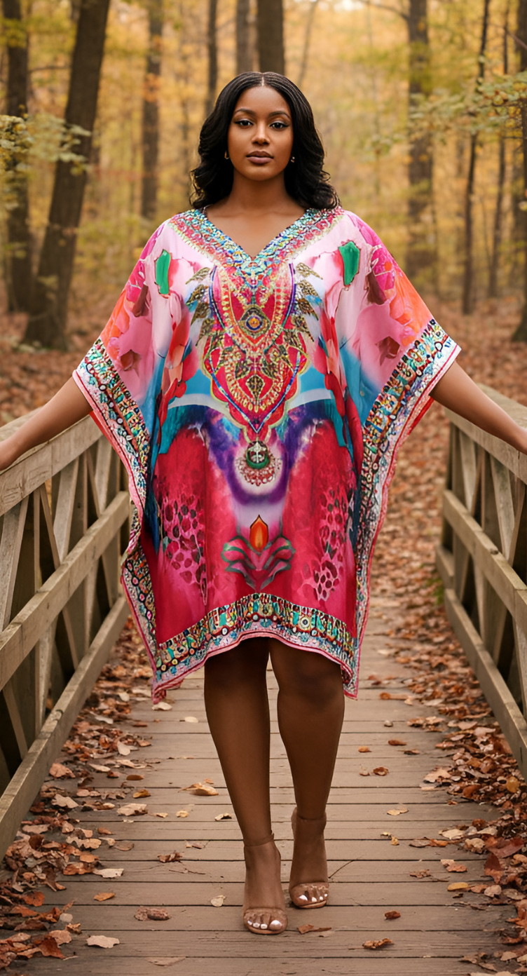 Floral Pink Feather Silk Women Short Kaftan Beach Cover up