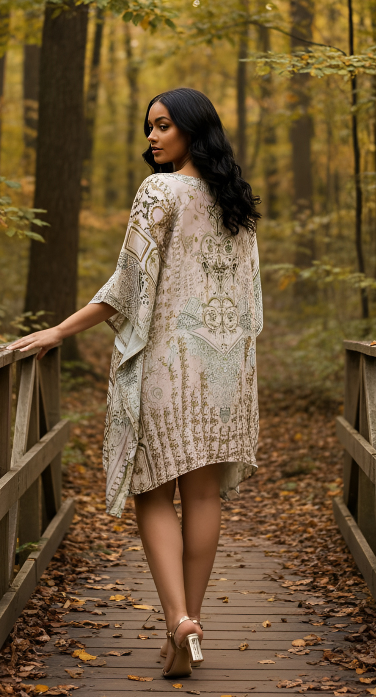 Baroque Beige Feather Silk Plus Size Short Caftan for Women