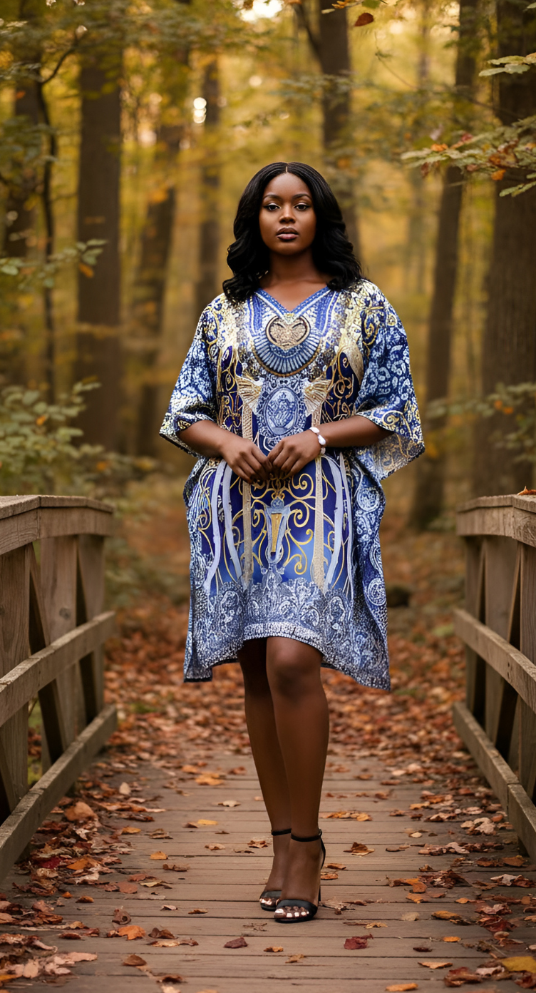 Baroque Blue Feather Silk Short Caftan for Women Plus Size