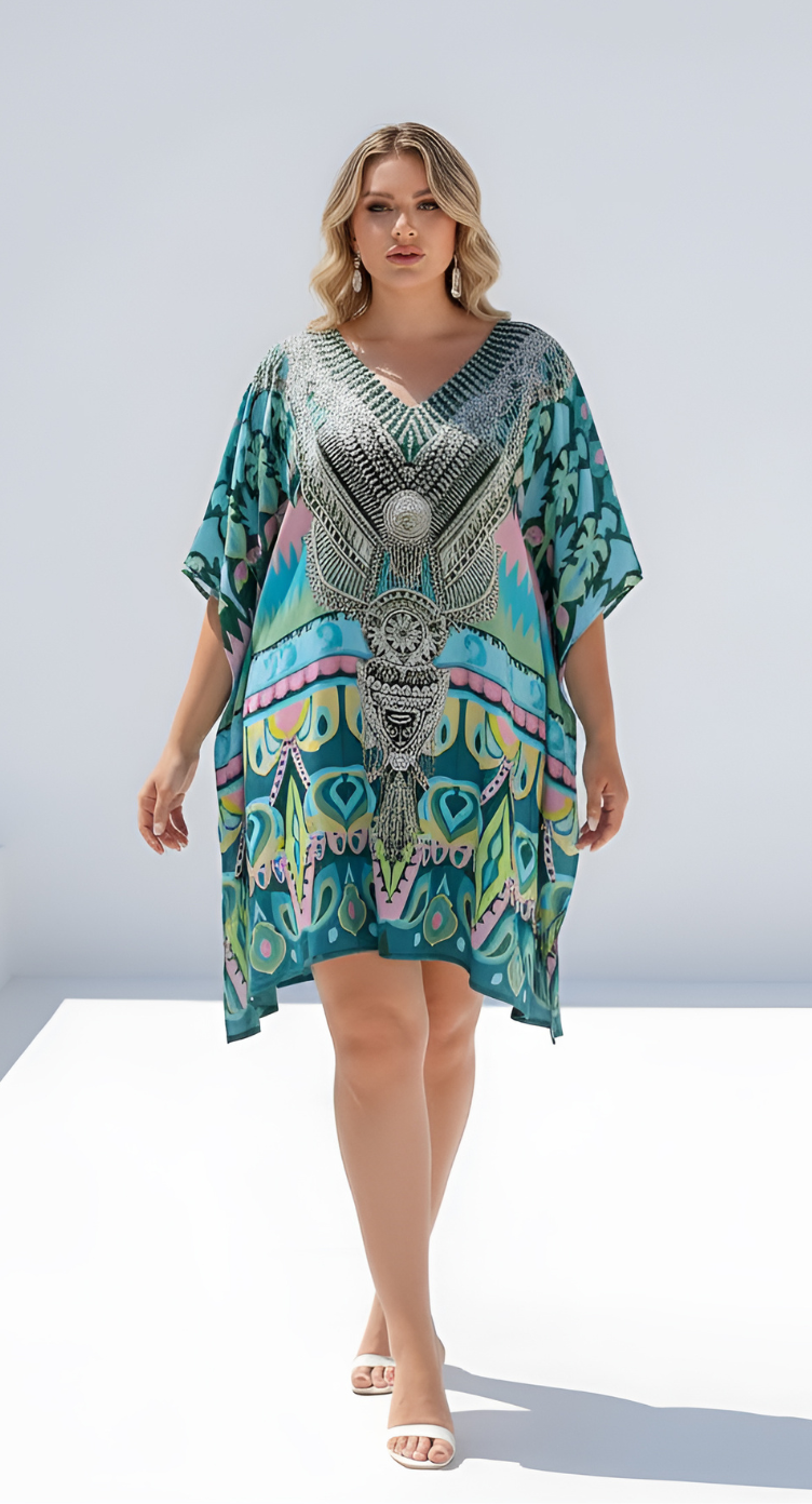 Motif Turquoise Feather Silk Women Plus Size Short Caftan Dress