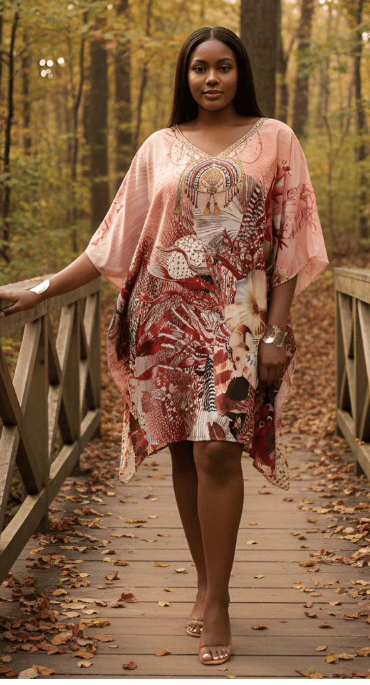 Light Peach Ornate Tribal Satin Plus Size Tunic for Women 1X-3X | GypsieBlu