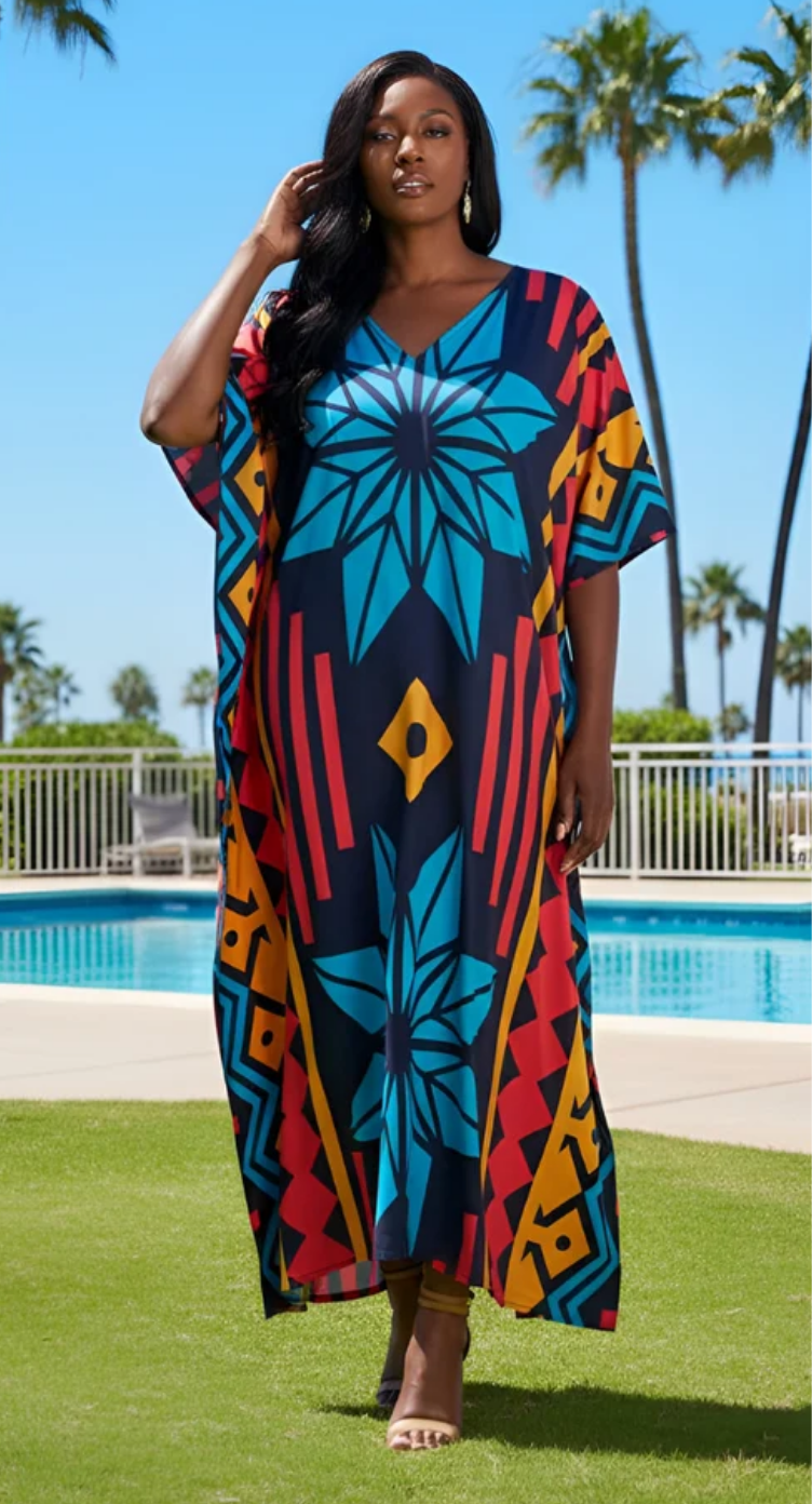 Multicolor Tribal Starburst Polyester Plus Size Kaftan for Women 1X-3X | GypsieBlu