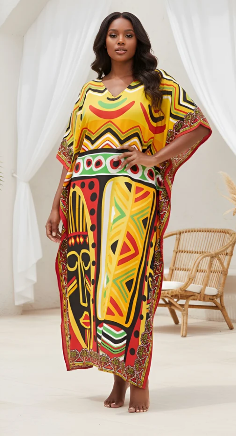 Multicolor Abstract Floral Tribal Mask Geometric Polyester Plus Size Kaftan for Women 1X-3X | GypsieBlu