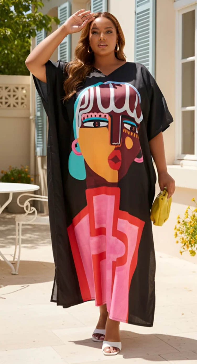 Black Pop Art Polyester Plus Size Kaftan for Women 1X-3X | GypsieBlu