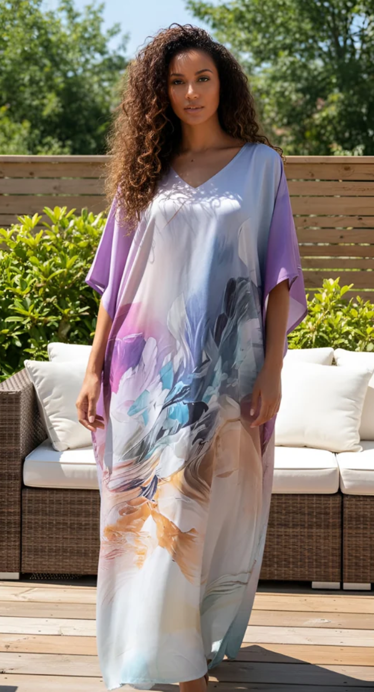 Lavender Abstract Satin Plus Size Kaftan Dress for Women 1X-3X | GypsieBlu